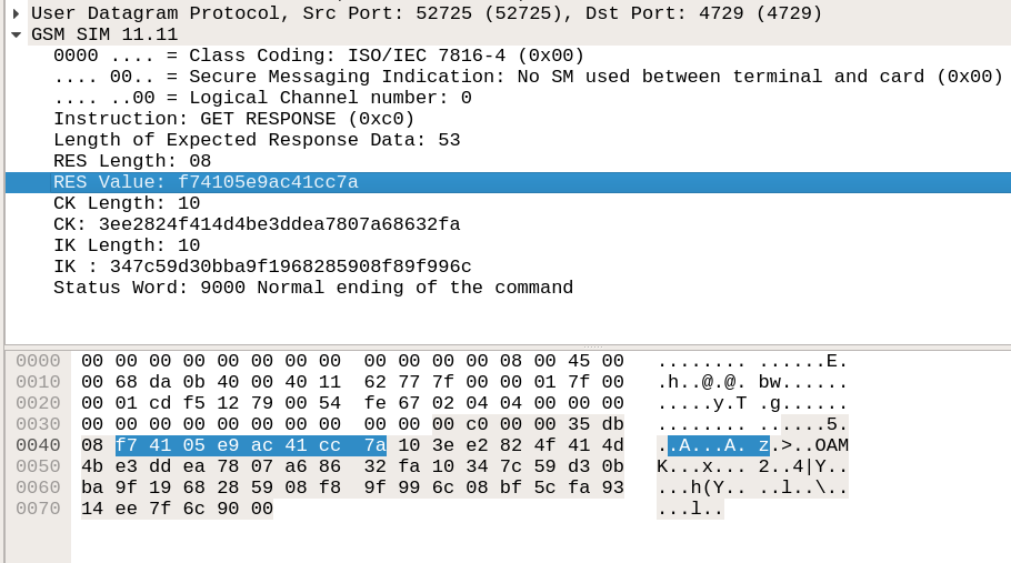 Wireshark dissector showing the IK and CK obtained by sniffing using SIMtrace