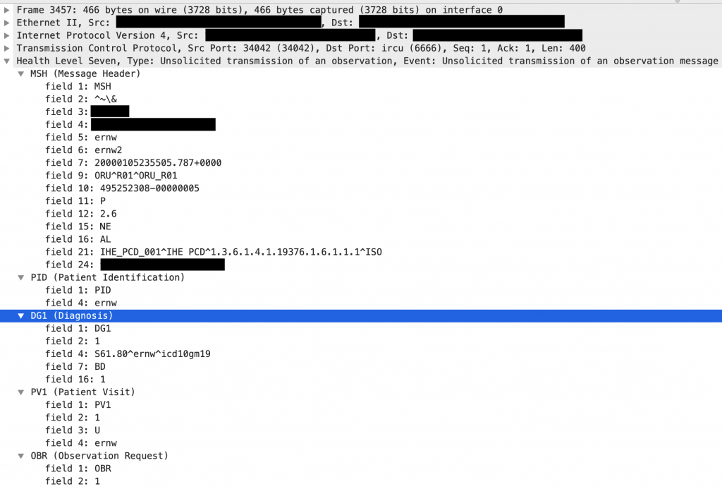 Figure 3: Dissected HL7 v2.x message in Wireshark.