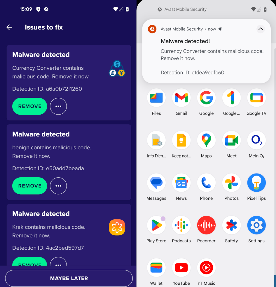 Avast detected the 3 malicious apps