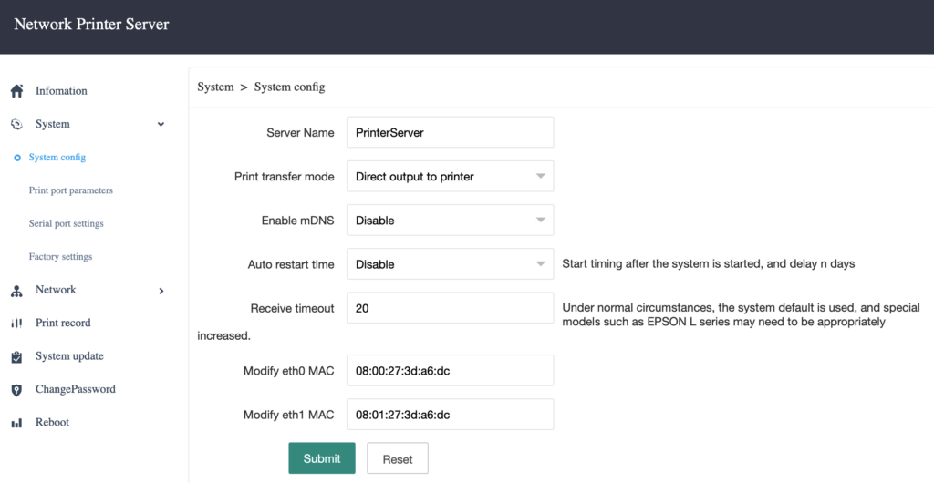 The printer server’s configuration page. Contains options such as the device name or network config
