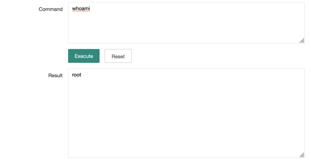 Printer server debug HTML page that lets the user run arbitrary shell commands as root (here: whoami: root)
