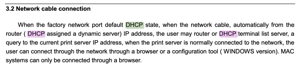 Description of how DHCP works in the printer server’s manual