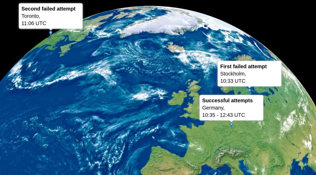 A globe showing Europe, the Northern Atlantic and a bit of Canada. Additionally, there are three locations marked: Stockholm, Germany, and Toronto.
