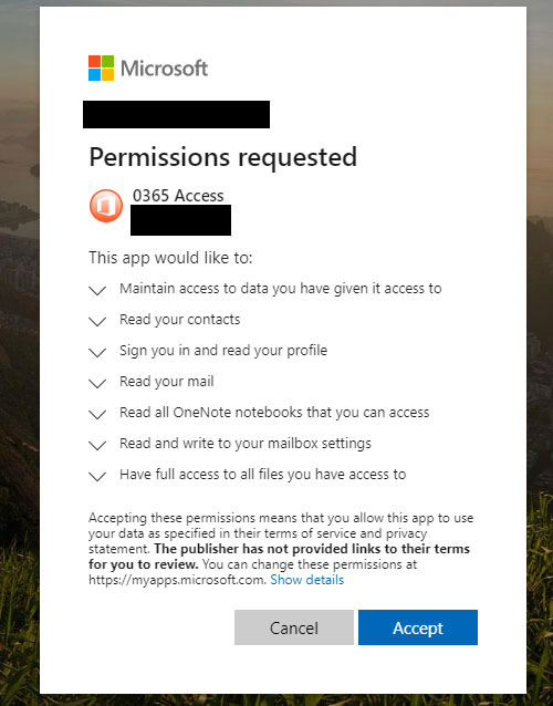 Figure 4: Example consent screen of a fake app &lsquo;0365 Access&rsquo;