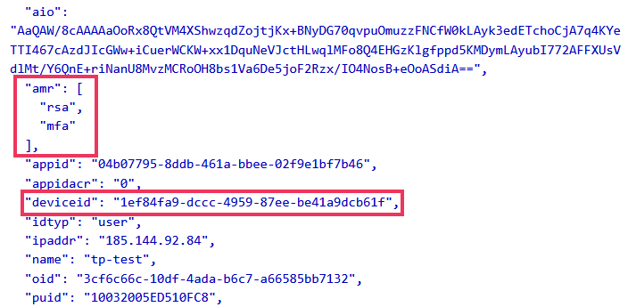 Figure 1: Access Token Claims (AT requested using PRT on Entra-joined device with ROADtoken)