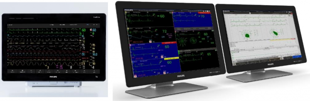 A Philips IntelliVue MX850 patient monitor (left) and PIC iX Surveillance Station (middle + right).