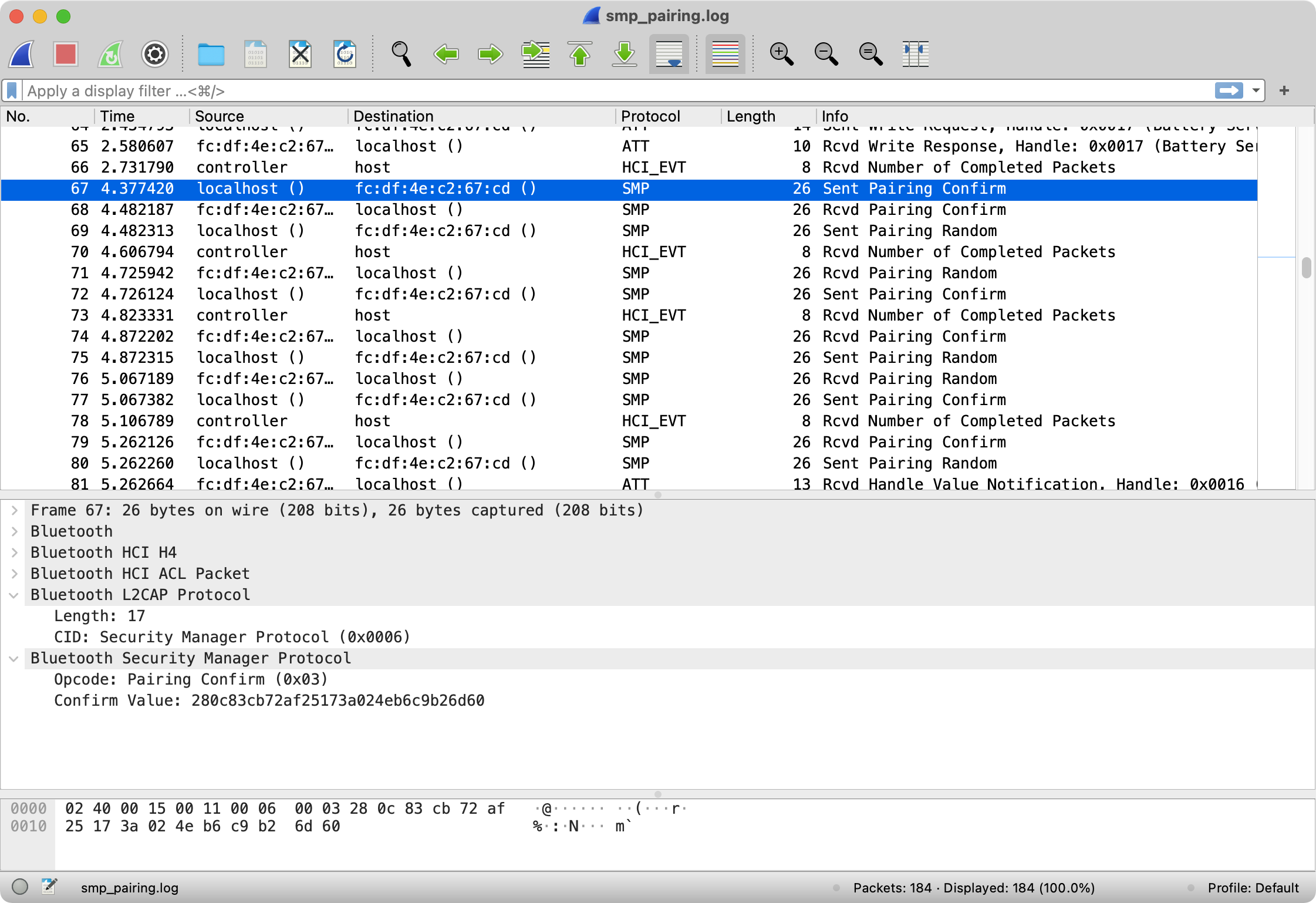 Wireshark screenshot showing a recorded BTSnoop log
