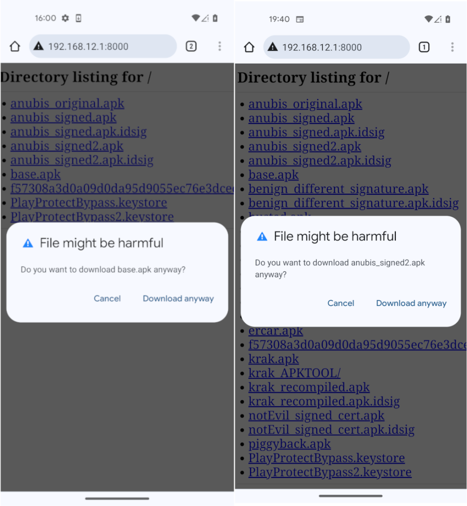 Chrome warnings of malicious and benign apps