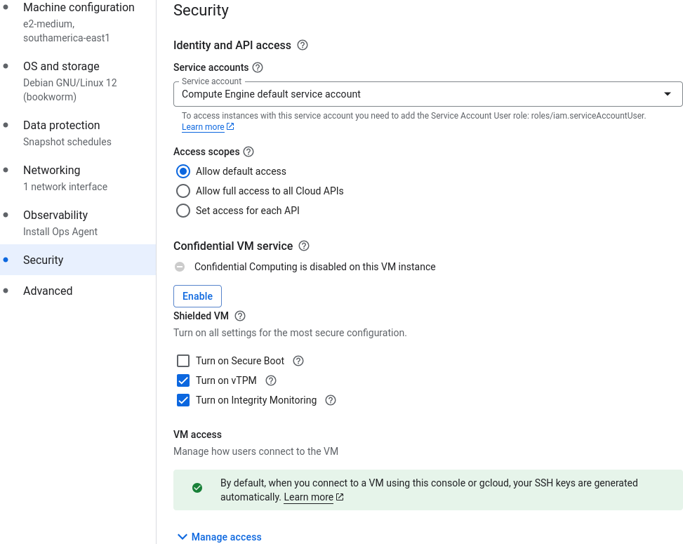 Security configuration tab of the GCE instance creation dialog in GCP