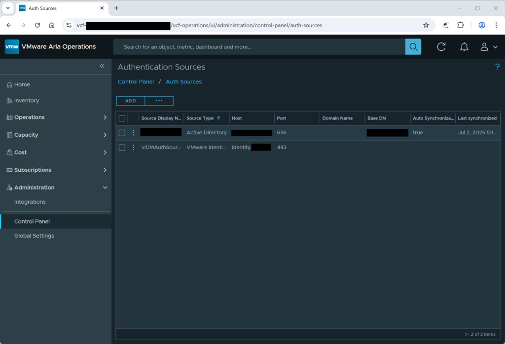 Figure 3: Aria - Authentication Sources