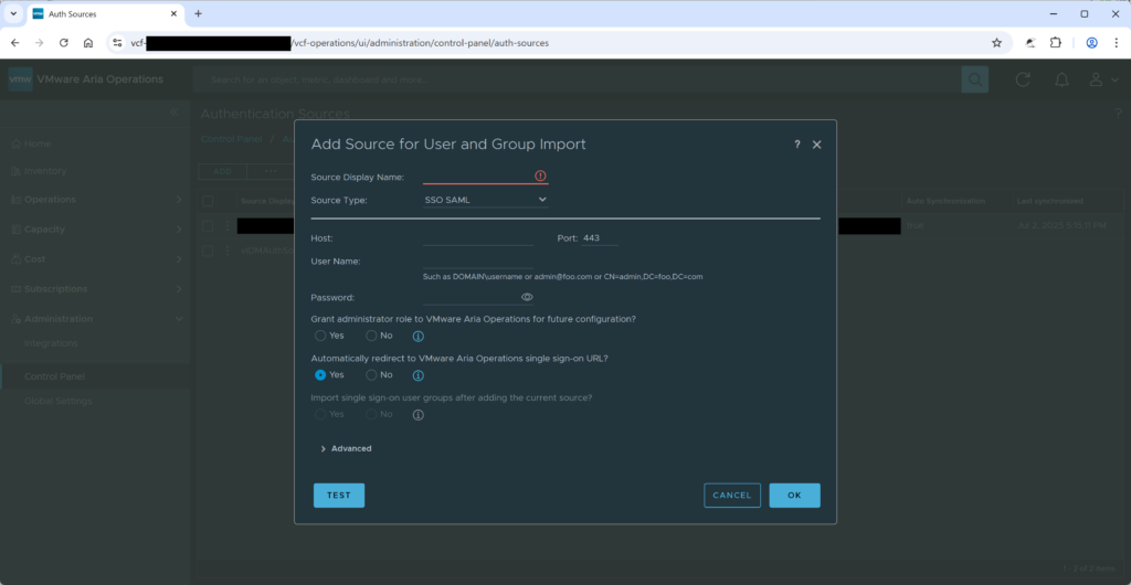 Figure 4: Aria - Create Authentication Source