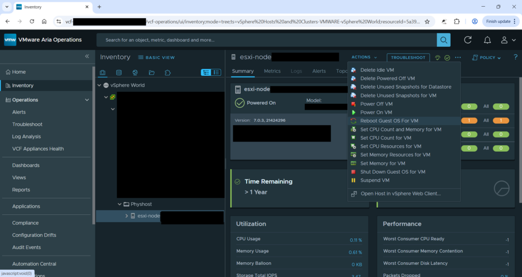 Figure 12: Aria - Manage VM