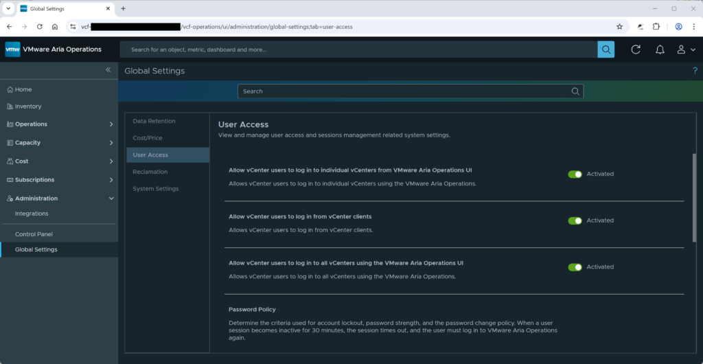 Figure 1: Aria - Settings in the user access category
