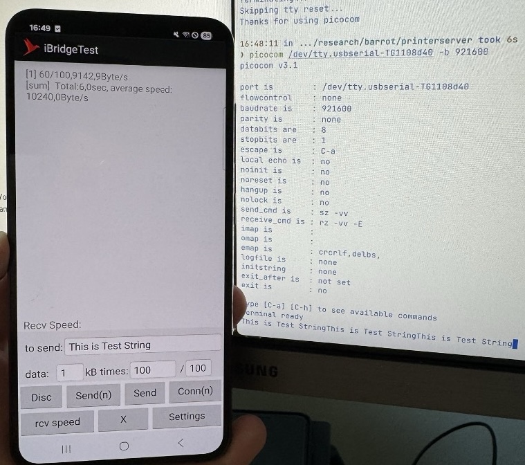 A picture that shows that data sent via GATT using the iBridge app are sent out on the UART pins