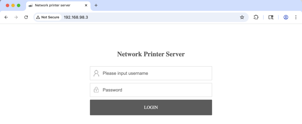 The printer server web application login screen