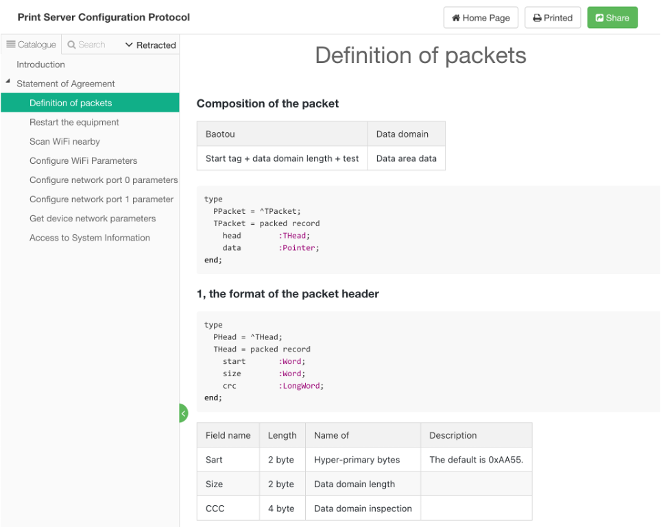 A screenshot of the linked website that defines the packet structure