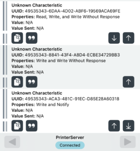 The screenshot shows the nRF Connect for mobile app as it is connected to the printer server. There are several GATT services exposed