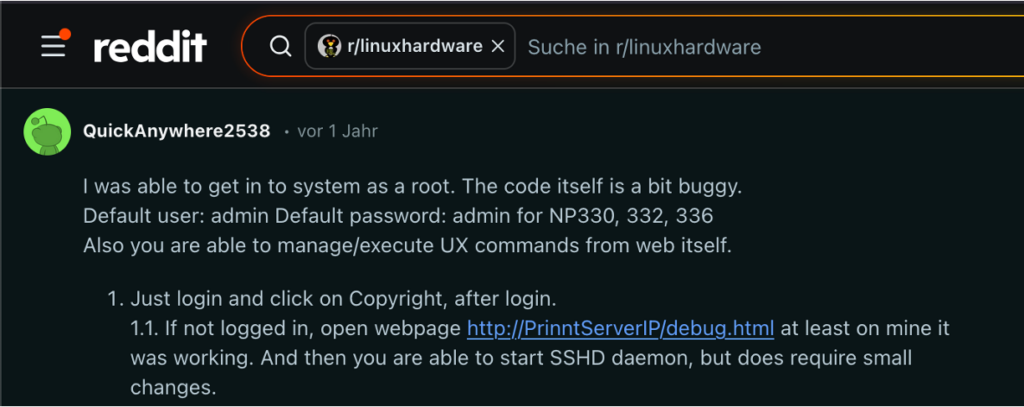A screenshot of the linked reddit post where the poster writes up the debug shell access.