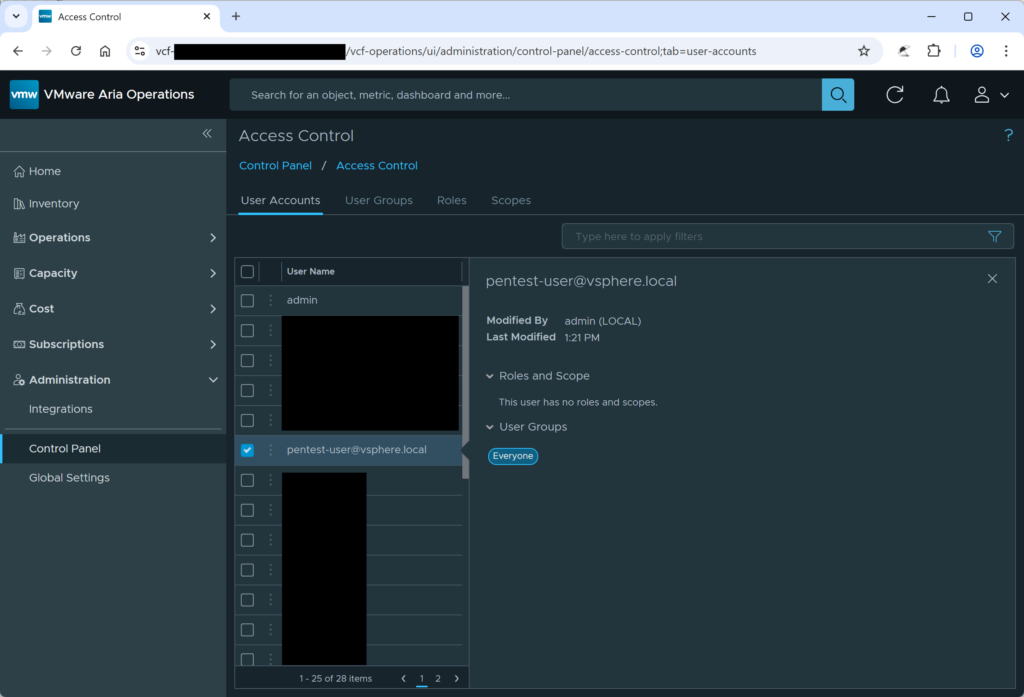 Figure 2: Roles of vCenter user in Aria
